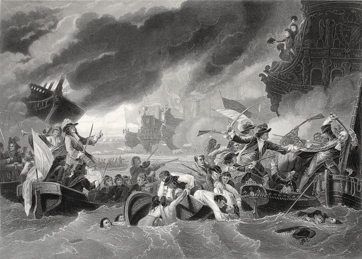 La Hoguen taistelu, kaiverrus W. French (litho) tekijältä Benjamin (after) West