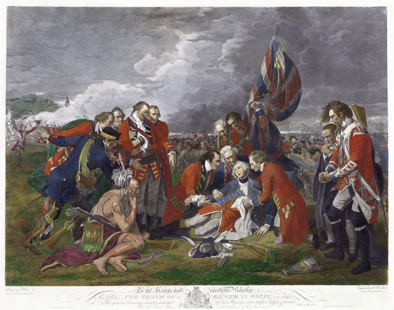 Kenraali Wolfen kuolema" Benjamin Westin maalauksen mukaan. James Wolfe (1727-1759) brittiläisen armeijan komentaja, haavoittui kuolettavasti voittaessaan ranskalaiset Abrahamin tasangon taistelussa Quebecissä. Seitsemänvuotinen sota Kanada Ranska tekijältä Benjamin (after) West