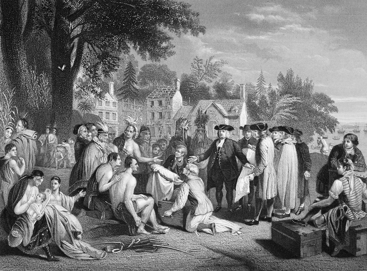 William Pennin sopimus intiaanien kanssa, kaiverrus W. French (litho) tekijältä Benjamin (after) West