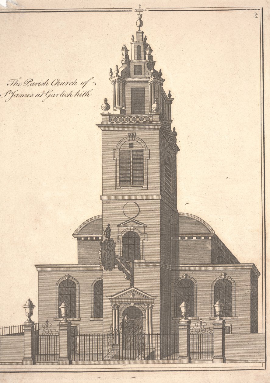 St. James Garlickhythen seurakuntakirkko, n. 1750 (kaiverrus) tekijältä Benjamin Cole