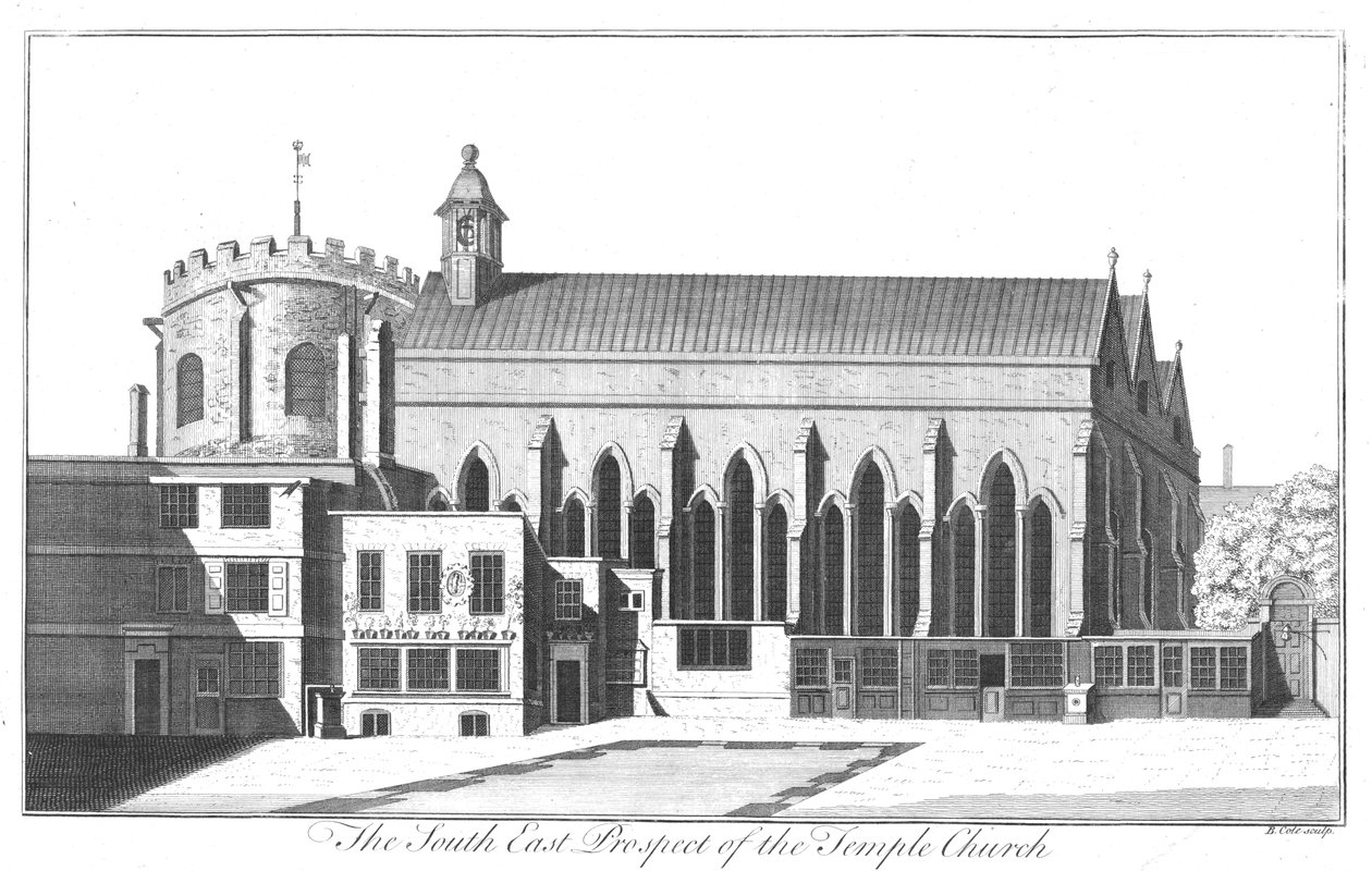The South East Prospect of Temple Church, n. 1737 tekijältä Benjamin Cole