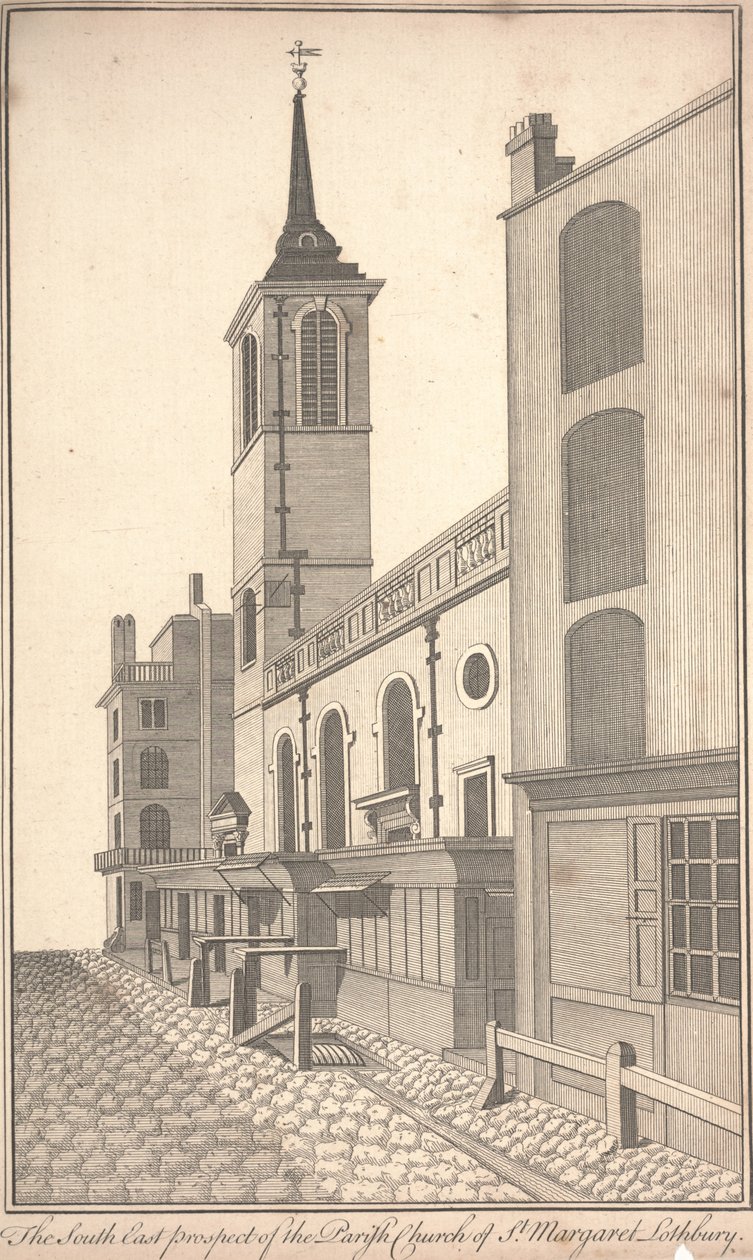 St. Margaret Lothburyn seurakunnan kirkon kaakkoisprospekti, n. 1750 (kaiverrus) tekijältä Benjamin Cole