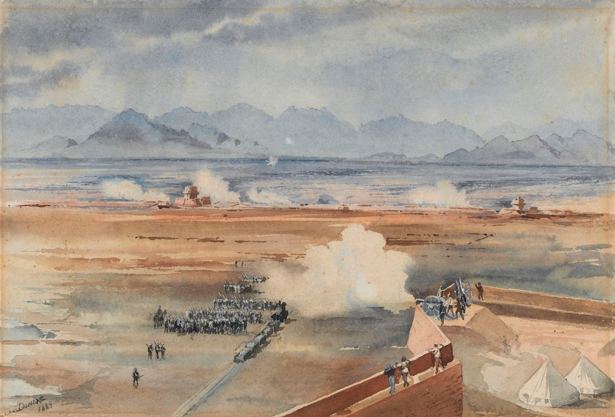 Sudanilaisjoukkojen joukko anglo-egyptiläisestä varuskunnan ennen onnistunutta toimintaa dervisheitä vastaan Gemazihissa, Suakinissa, 20. joulukuuta 1888 (akvarelli) tekijältä Benjamin Donisthorpe Alsop Donne