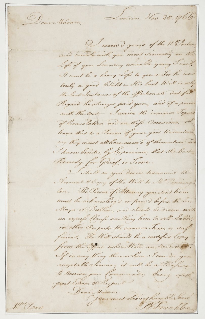 Nimikirjoituskirje rouva Ann Pennille, Lontoo, 20. marraskuuta 1766 (kynä ja muste paperille) tekijältä Benjamin Franklin