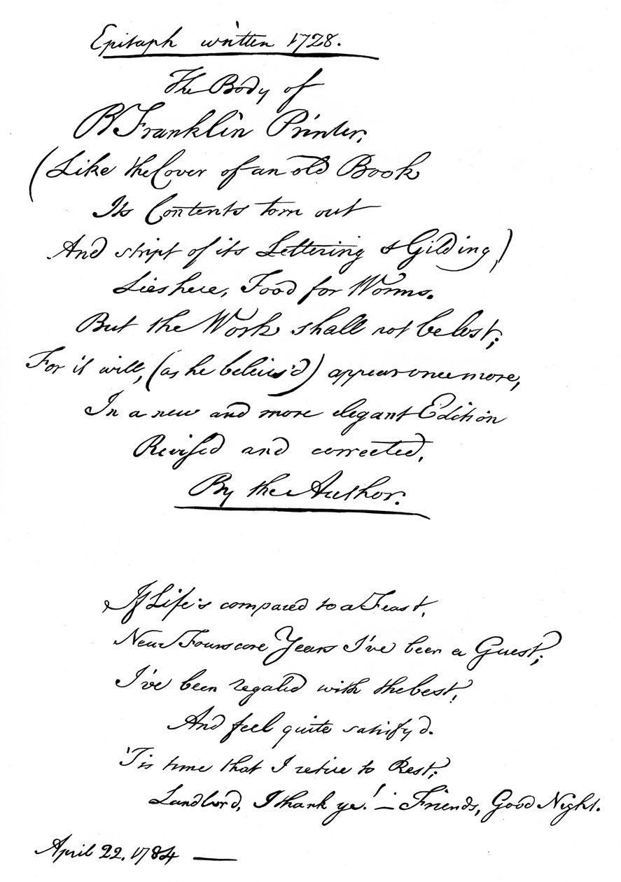 Benjamin Franklinin epitafi, itse kirjoittama, 1728, 1840 tekijältä Benjamin Franklin
