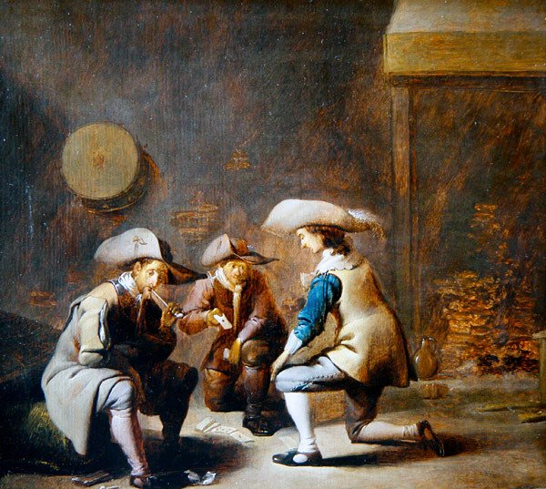 Vartiohuoneen sisustus sotilaiden pelikorteilla (öljy paneelissa) tekijältä Benjamin Gerritsz. Cuyp