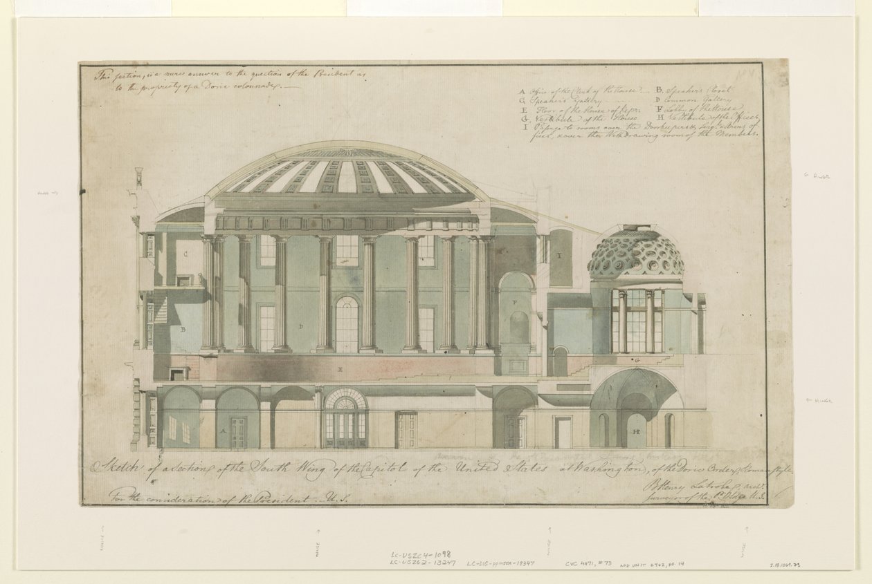 Yhdysvaltain Capitolin eteläsiiven osa, 1803 (tussi ja tussi, pesu paperille) tekijältä Benjamin Henry Latrobe