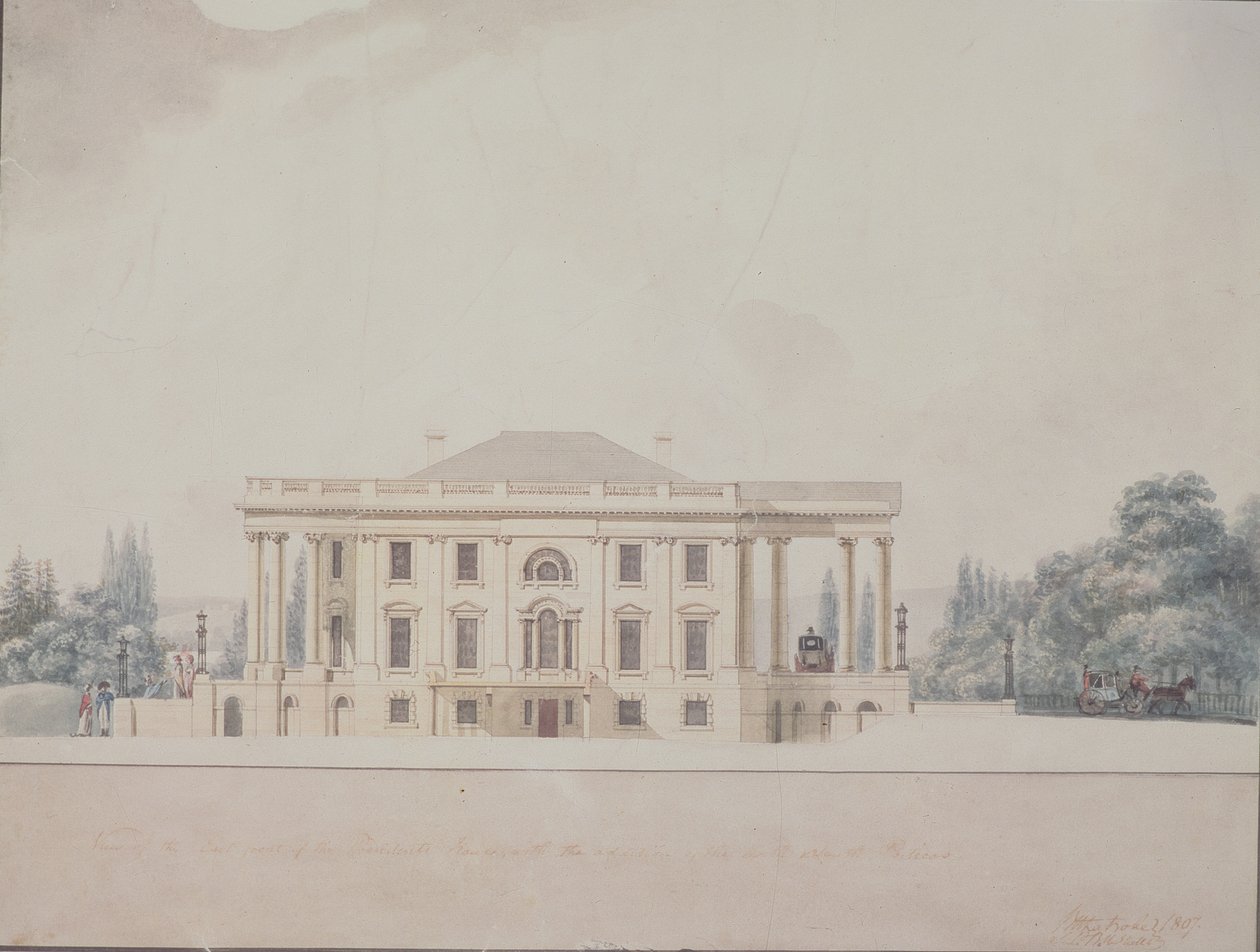 Presidentin talon eteläportico, 1807 tekijältä Benjamin Henry Latrobe