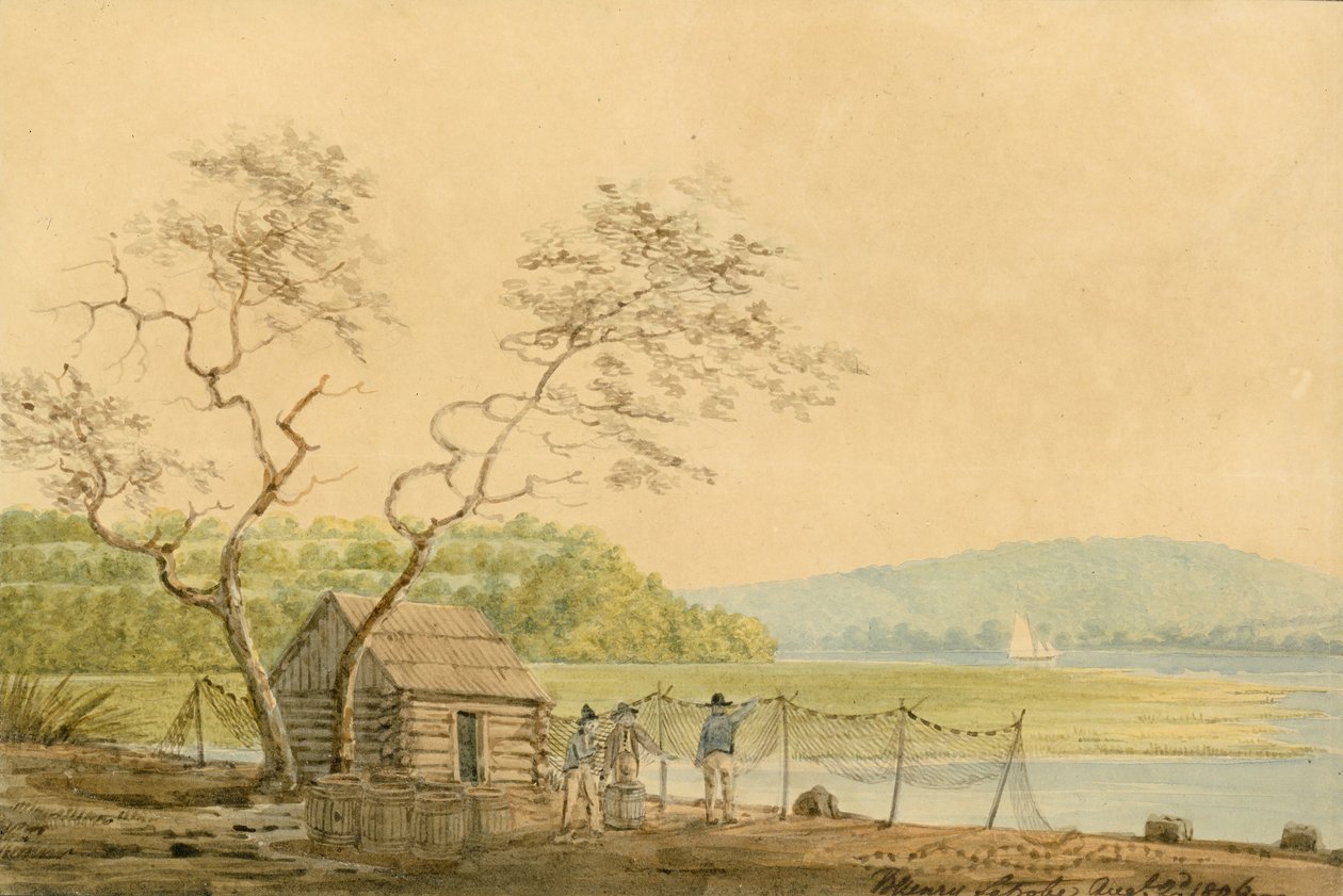 Näkymä Frenchtownin Packet Wharfilta Katse alas Elk Creekille, 1806. tekijältä Benjamin Henry Latrobe