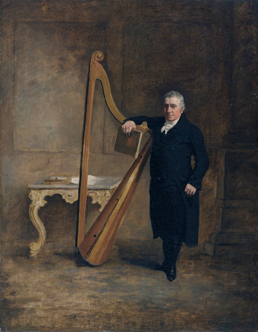 Griffith Owenin Corbetin perheen harpisti, noin 1812 (öljy kankaalle). tekijältä Benjamin Marshall
