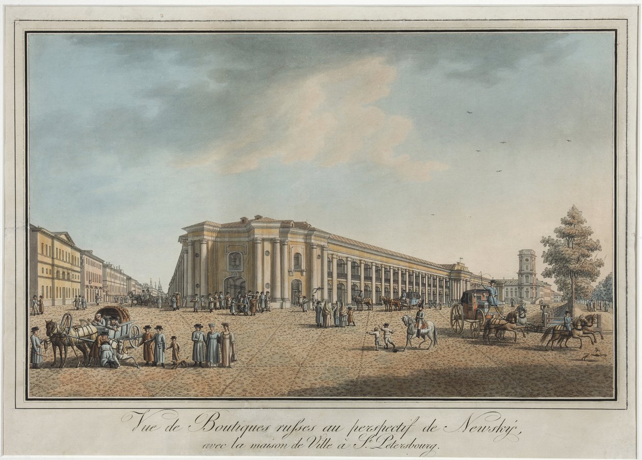 Nevski Prospekt (perspektiivi Nevski) lähellä Suurta Gostiny Dvoria ja kaupungin duumaa Pietarissa - Benjamin Paterssen (1748-1815). Etsaus, akvarelli, vuoden 1802 jälkeen. Pietarin valtionhistoriallinen museo tekijältä Benjamin Patersson