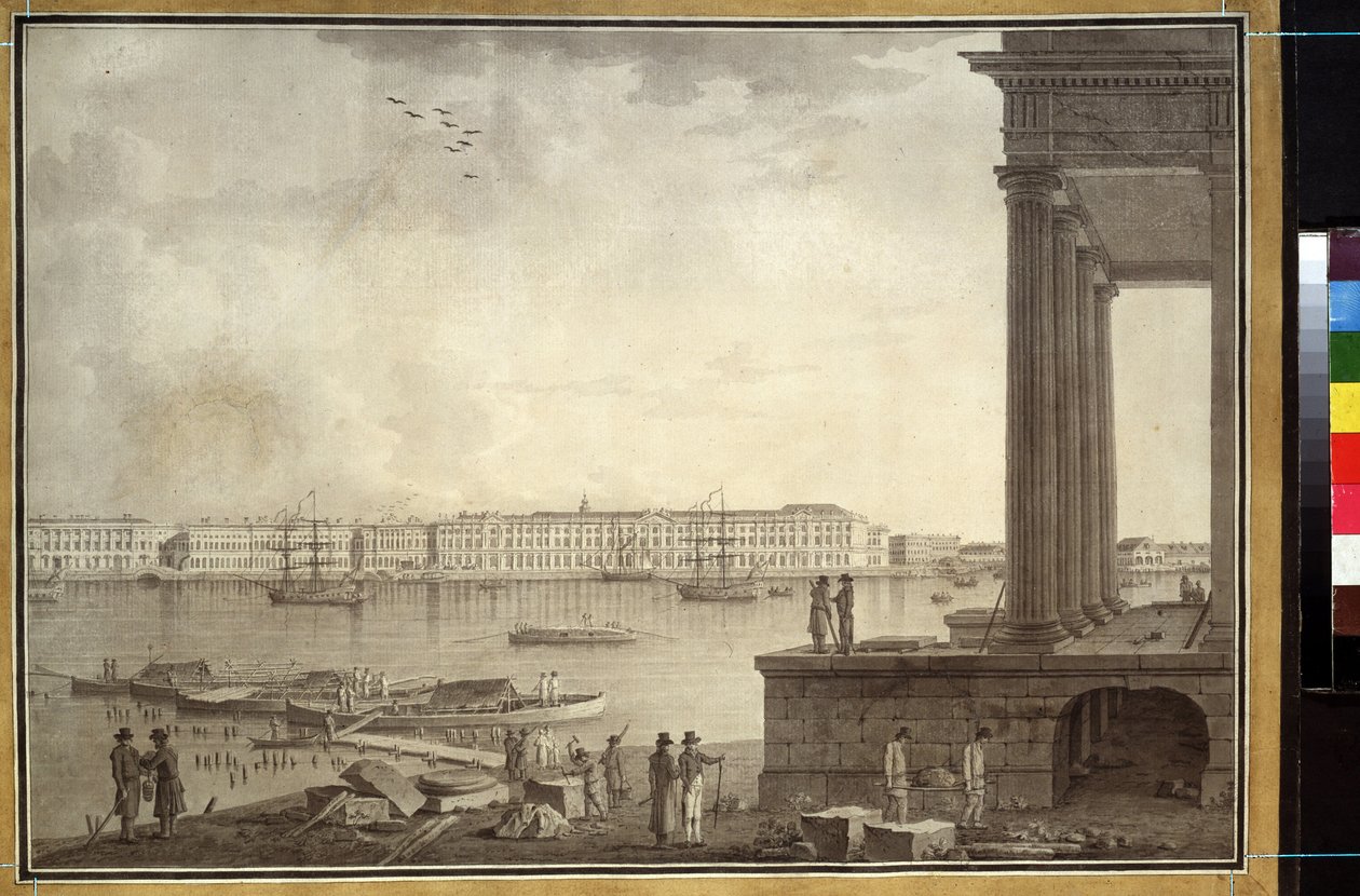 Näkymä Talvipalatsille ja Pietarin pörssille. Benjamin Paterssenin (1748-1815) teos, kynä ja muste paperille, noin 1790. Ruotsalainen taide tekijältä Benjamin Patersson