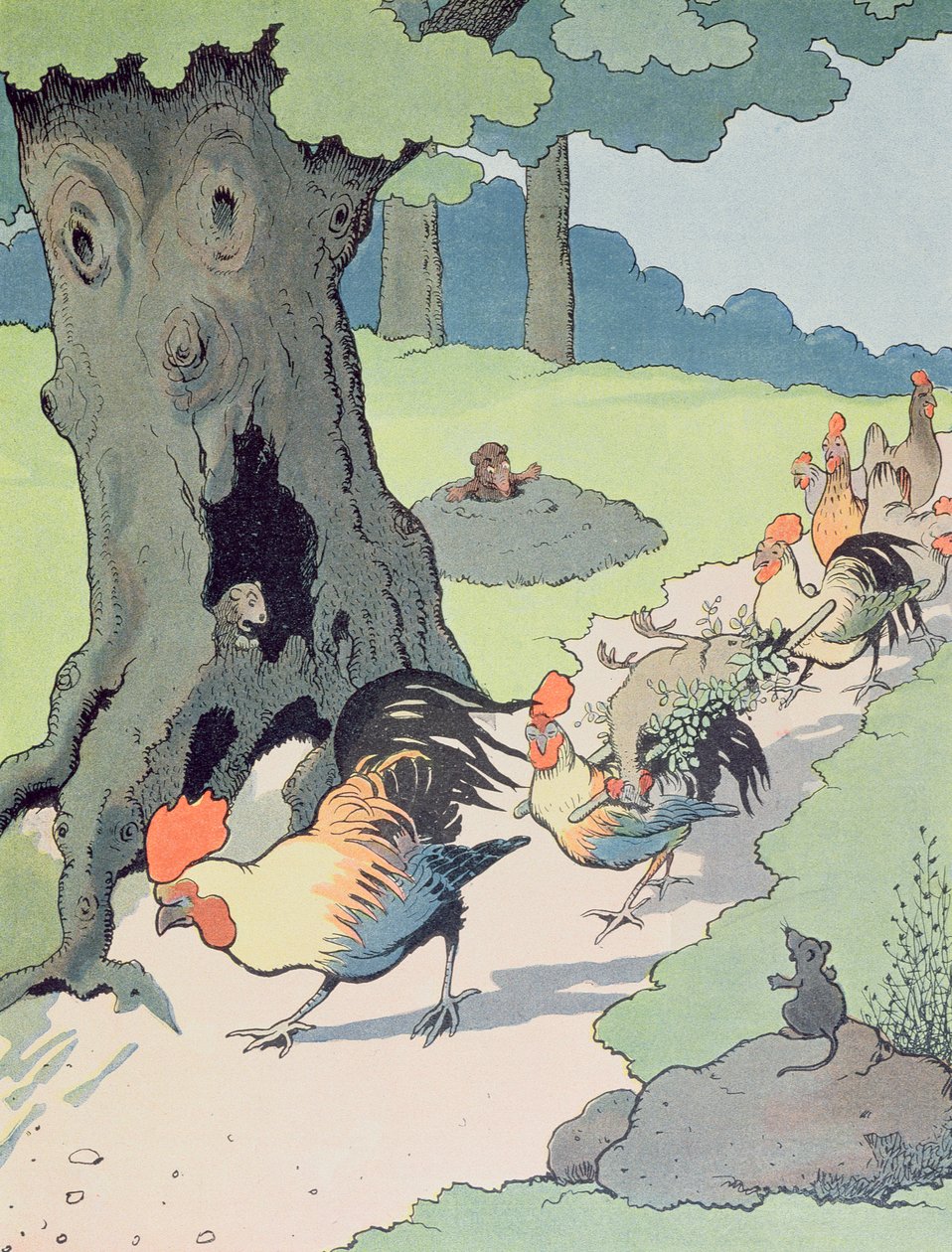 Kuvitus "Le Roman de Renard", n. 1900 (väri litho) tekijältä Benjamin Rabier