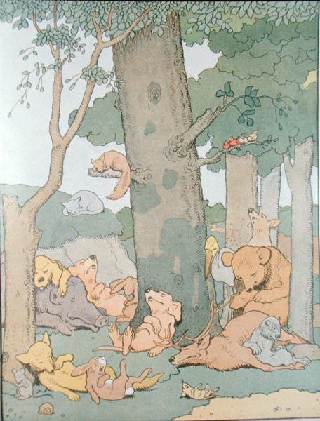 Kuvitus albumille "Gedeon, varkaiden päällikkö" (värikaiverrus) tekijältä Benjamin Rabier
