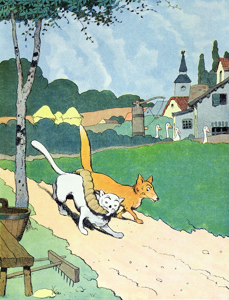 Kuvitus "Le Roman de Renard", n. 1900 (värilitho) tekijältä Benjamin Rabier