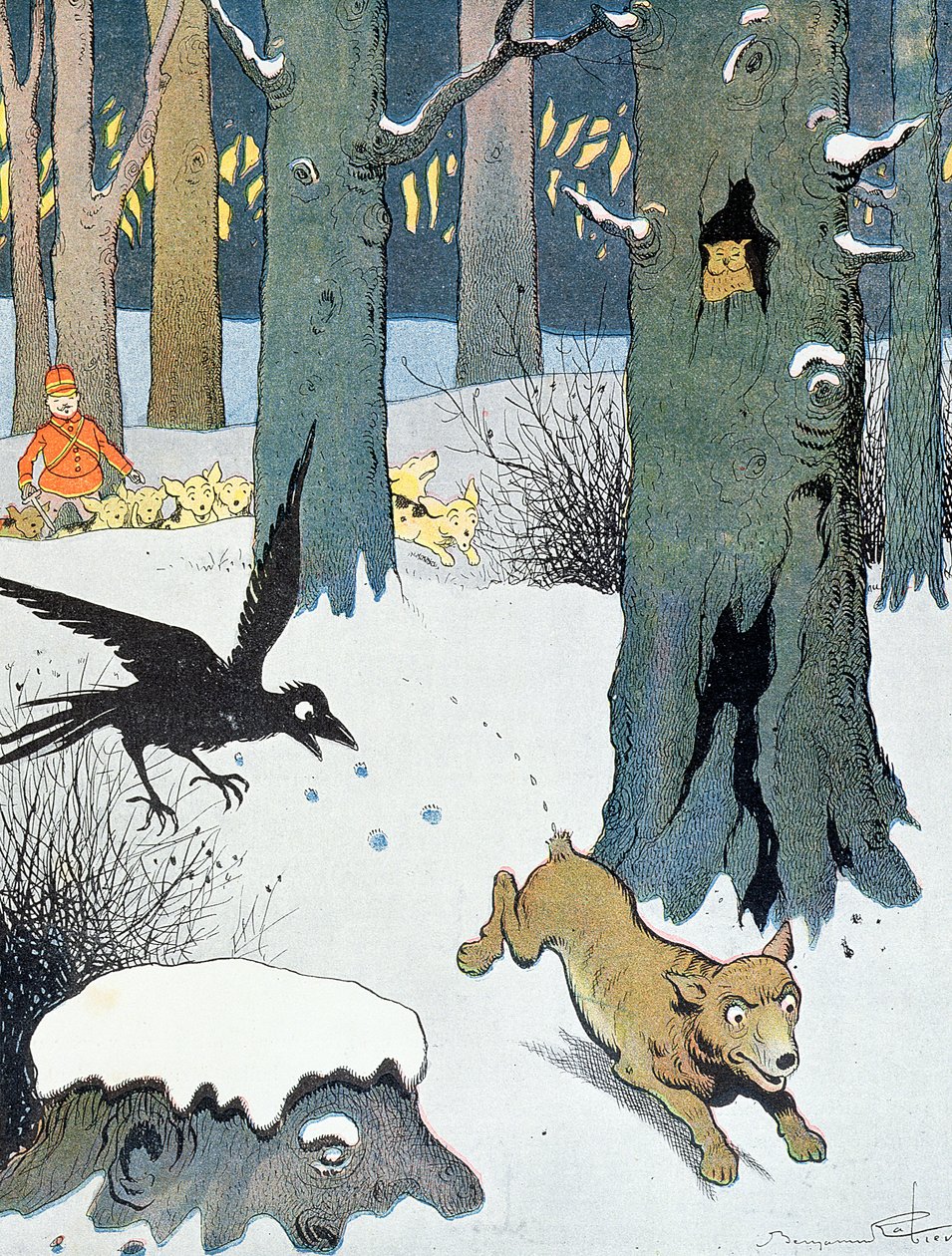 Kuvitus "Le Roman de Renard", n. 1900 (värilitho) tekijältä Benjamin Rabier