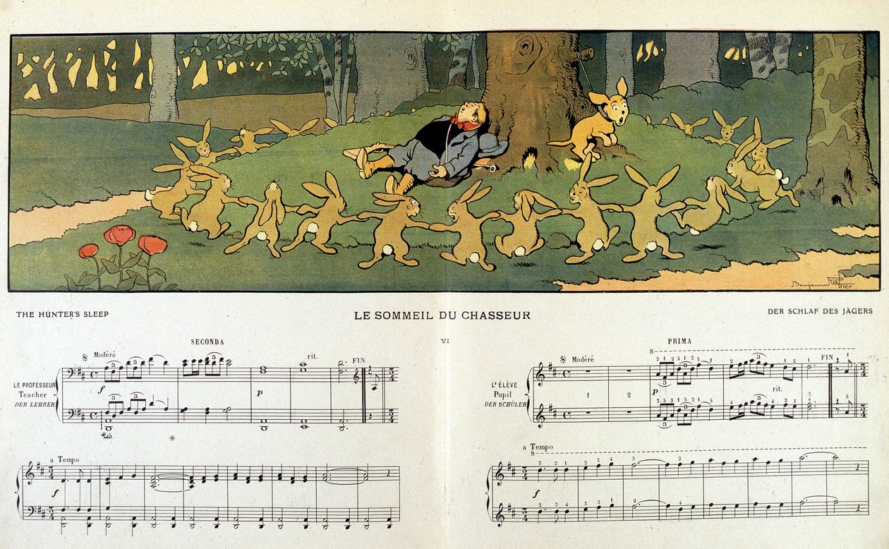Kanit pyörimässä unisen metsästäjän ympärillä - Jane Vieun "" Les images en musique" -kirjassa, kuvittanut Benjamin Rabier (1864-1939) tekijältä Benjamin Rabier