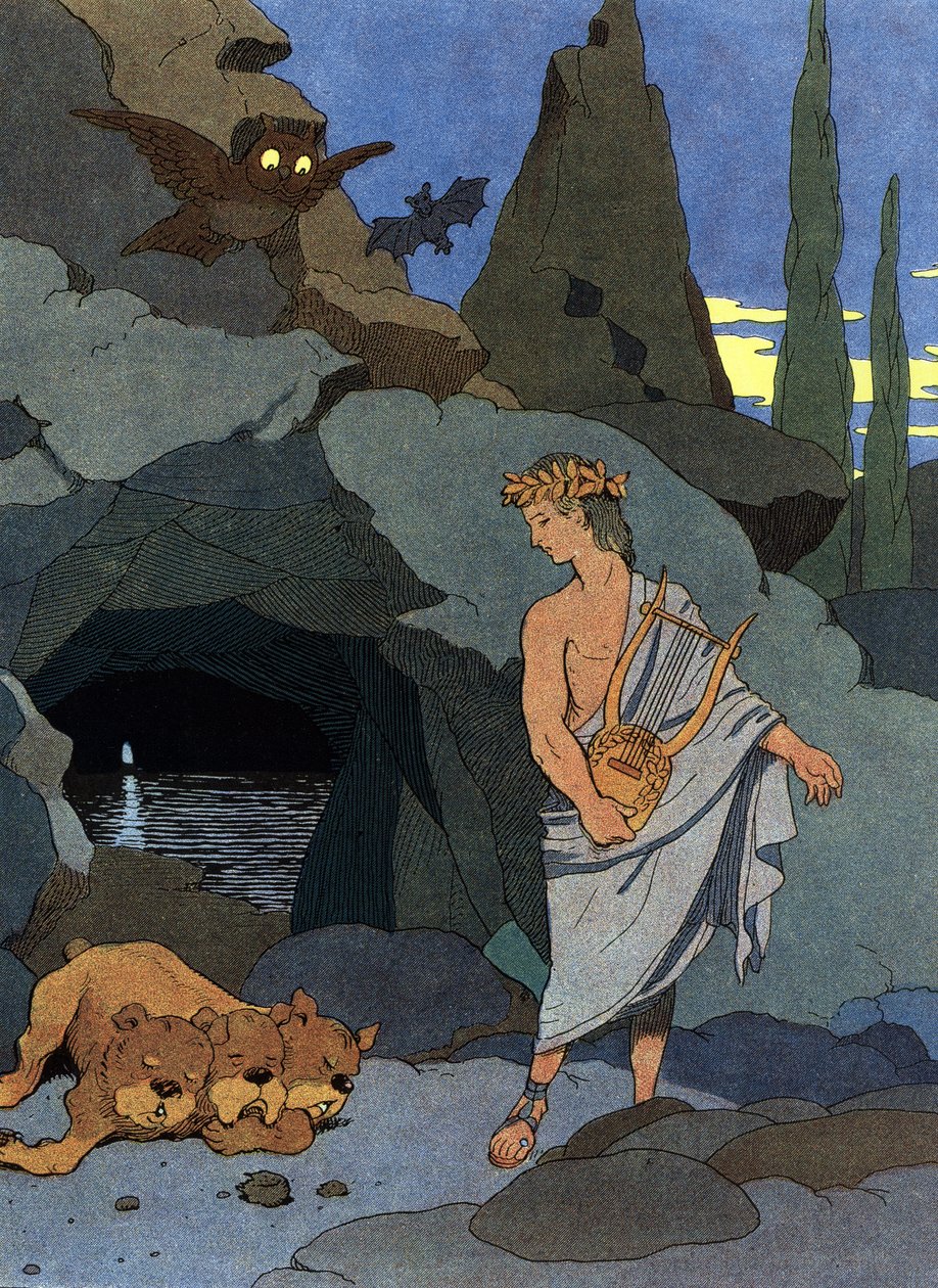 Orpheus ja hänen lyyransa nukahtivat Cerbèren kolmipäisen koiran tekijältä Benjamin Rabier