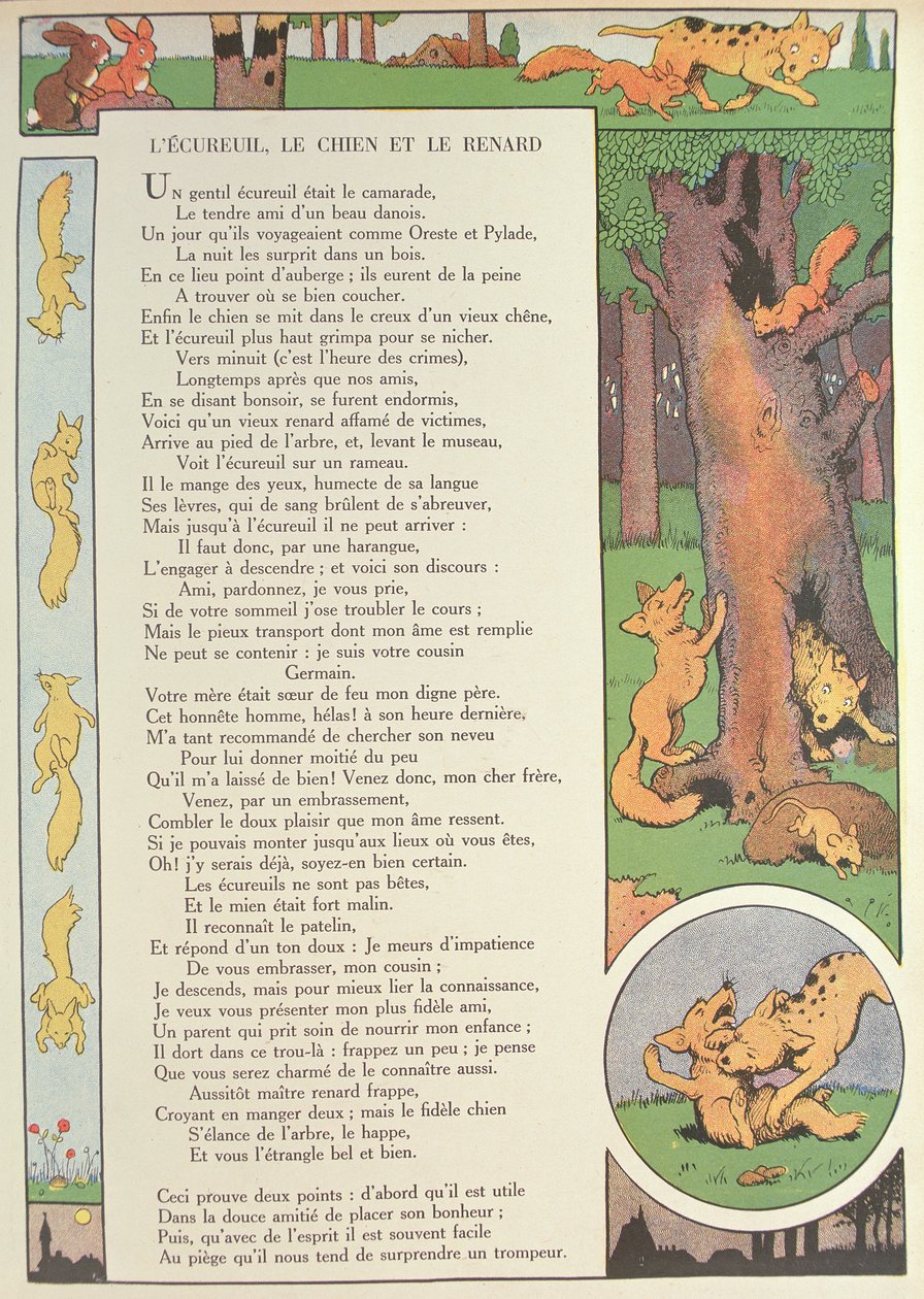 Orava, koira ja kettu, Jean de La Fontainen (1621-95) "Fables" (värikaiverrus) tekijältä Benjamin Rabier