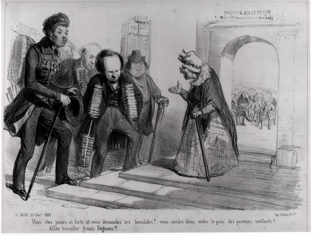 Dumas, Hugo et Balzac hakevat pääsyä Ranskan akatemiaan, kuvitus "La Modesta", 23. marraskuuta 1839 (kaiverrus) (bw kuva) tekijältä Benjamin Roubaud