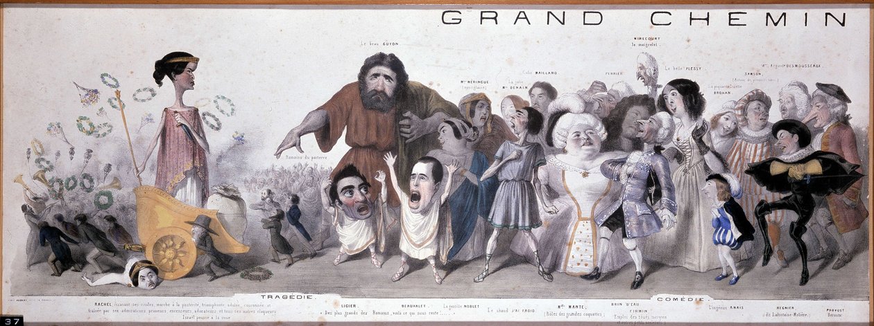 Le grand chemin de la posterity: tragedian ja komedian esitys - Litografia Benjamin Roubaud, Maison de Balzac, Paris tekijältä Benjamin Roubaud