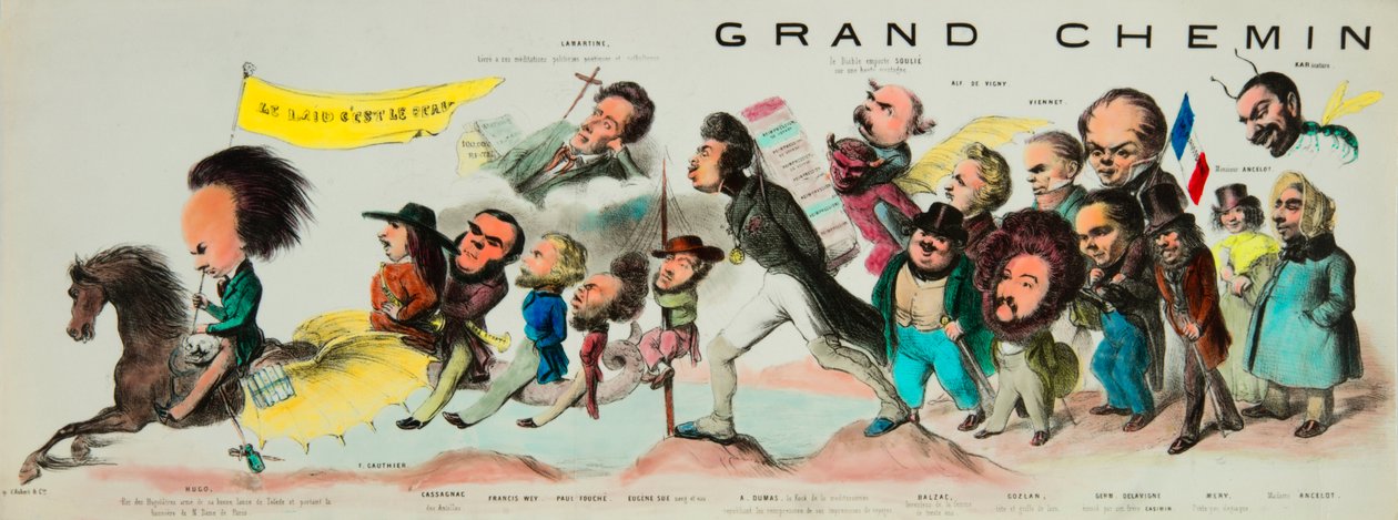 Posteriitin hieno ratsastus. (Monte romanttisella Pegasella, Victor Hugo (1802-1885), Hugolatreen kuningas, hänen hyvän Toledon teränsä ase ja kantoi Notre-Dame de Parisin lippua, otti Theophile Gautier