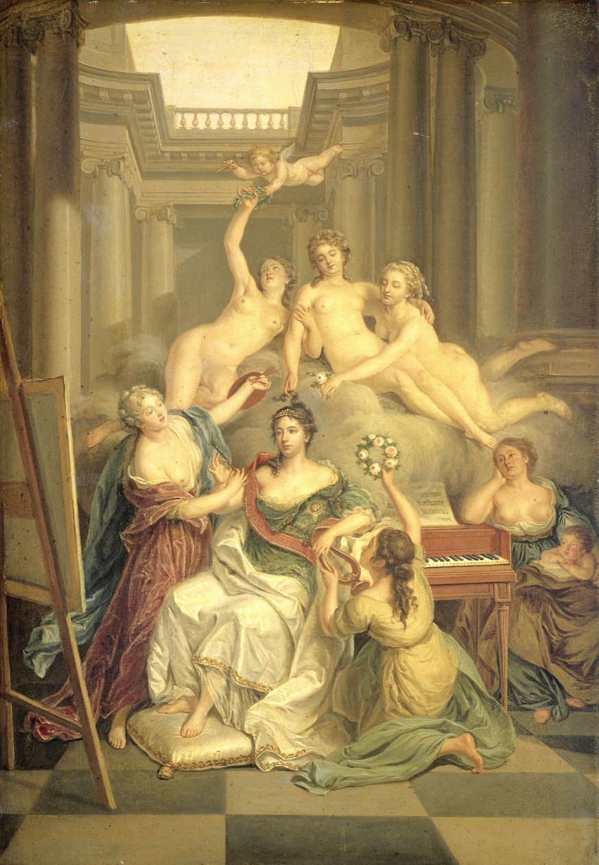 Frederika Sophia Wilhelmina Preussista (1751-1820). Prinssi Willem V:n vaimo Taiteiden temppelissä tekijältä Benjamin Samuel Bolomey