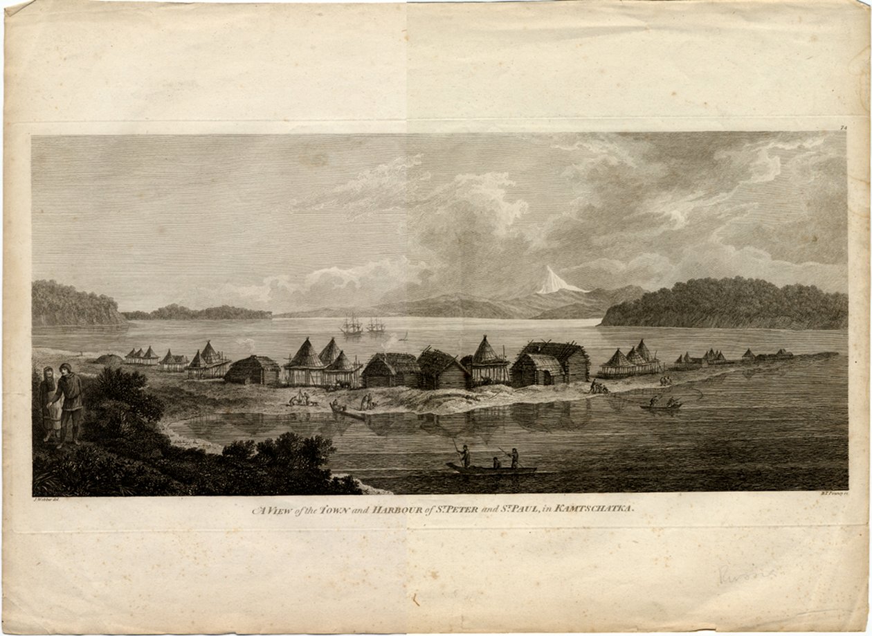 Näkymä Petropavlovsk-Kamchatskin kaupunkiin ja satamaan matkalta Tyynellemerelle, 1785 tekijältä Benjamin Thomas Pouncey