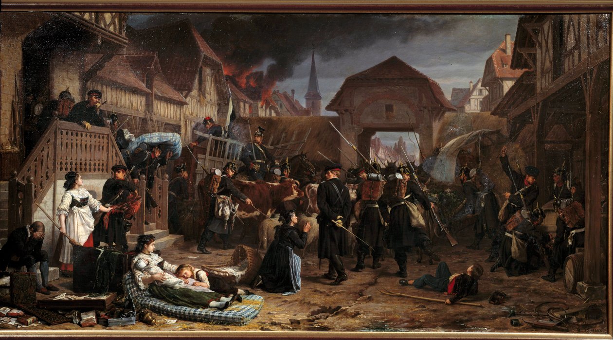 Sota 1870: "" Rekviraatiot Reichshoffenissa"" Froeschwiller Woerthin (Froeschwiller-Woerth) taistelu (tai Reichshoffenin taistelu) 6.8.1870 näki Preussin voiton - Benjamin Ullmannin maalaus (1818) 11829. Nancy, Lorrai-historian museo tekijältä Benjamin Ullmann