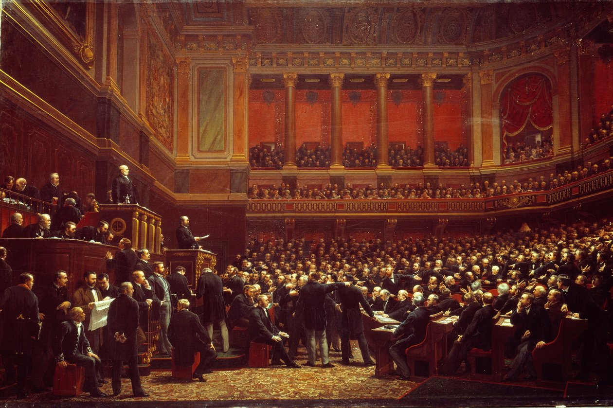 Louis Adolphe Thiers (1797-1877) julisti alueen vapauttajaksi"" kansalliskokouksen istunnossa Versaillesissa 16. kesäkuuta tekijältä Benjamin Ulmann