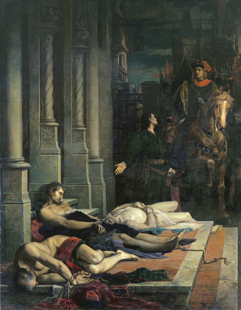 Etienne Marcelin (n. 1316-58) ruumis näytetään ranskalaiselle Dauphin Charlesille (1338-80), tulevalle Kaarle V:lle 2. elokuuta 1358 (öljy kankaalle) tekijältä Benjamin Ulmann