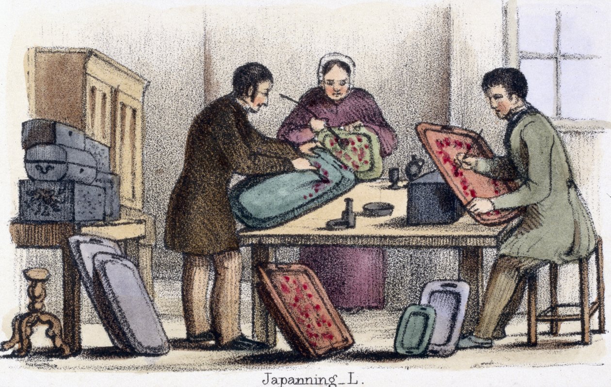 Japanning, teoksesta The Cochineal and Lac Insects graafisissa kuvissa eläimistä – niiden hyödyn näyttäminen ihmisille heidän työelämässään elämän aikana ja käyttötarkoitukset kuoleman jälkeen, n. 1845 tekijältä Benjamin Waterhouse Hawkins