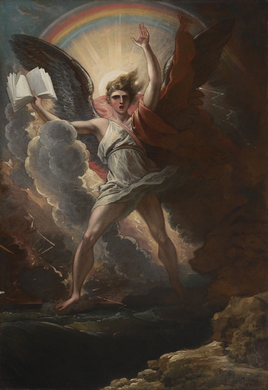 Maalla ja merellä seisoo mahtava enkeli tekijältä Benjamin West