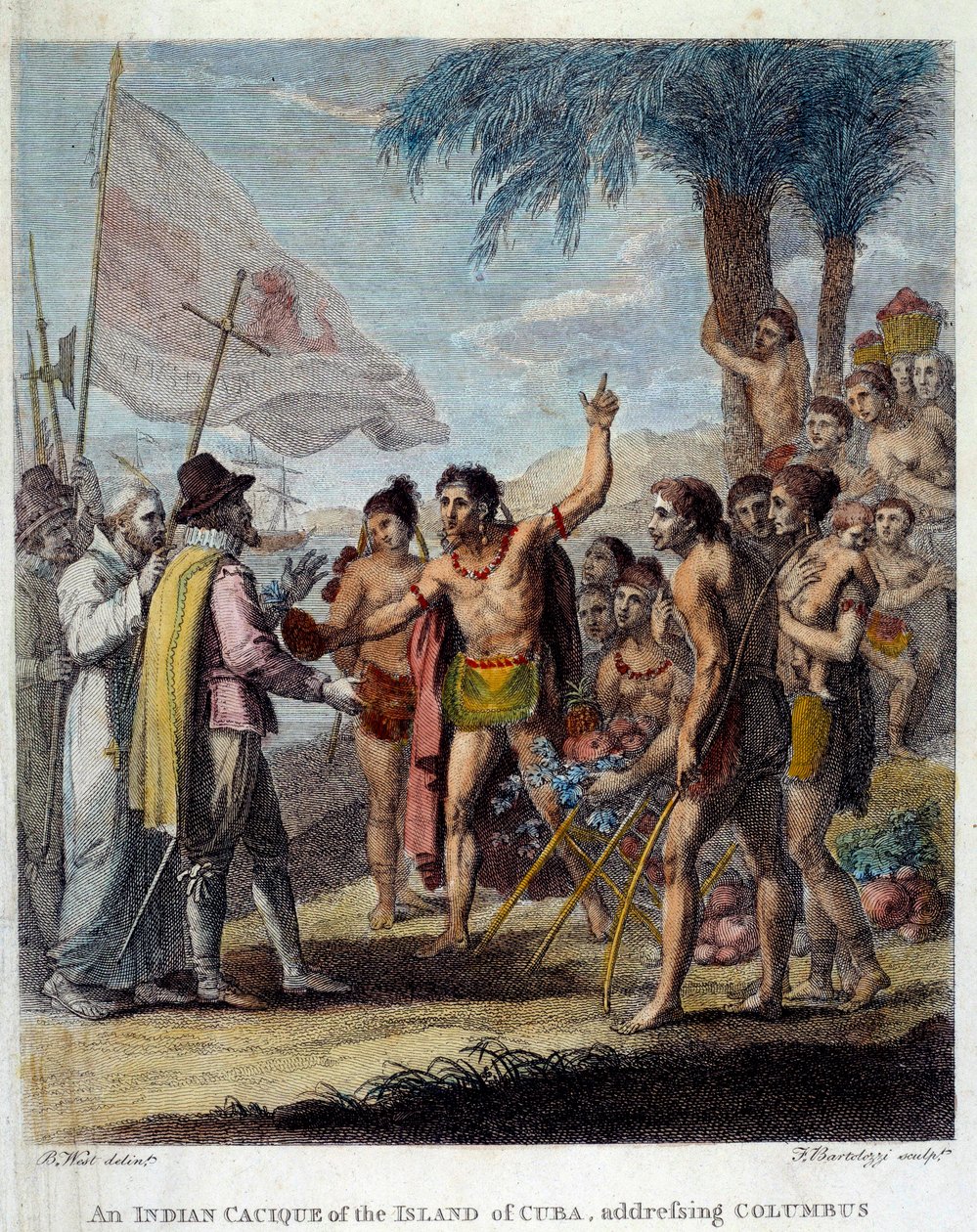 Intialainen Cacique Kuuban saarelta toivottaa tervetulleeksi Christopher Columbuksen (1451-1506) ja Euroopan armeijan ja kirkon edustajat keskustelemaan uuden valtion perustamisesta. Frontispice-julkaisun ”With-Britannian siirtokuntien siviili- ja kaupalli tekijältä Benjamin West