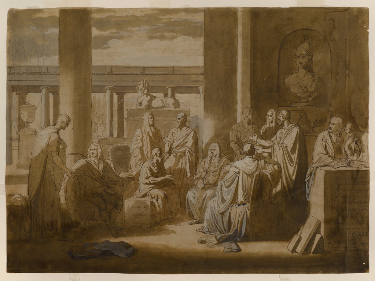 Tunne itsesi, 1768 (rauta sapen pesumuste, öljy-impasto ja pesuja norsunluupaperille) tekijältä Benjamin West