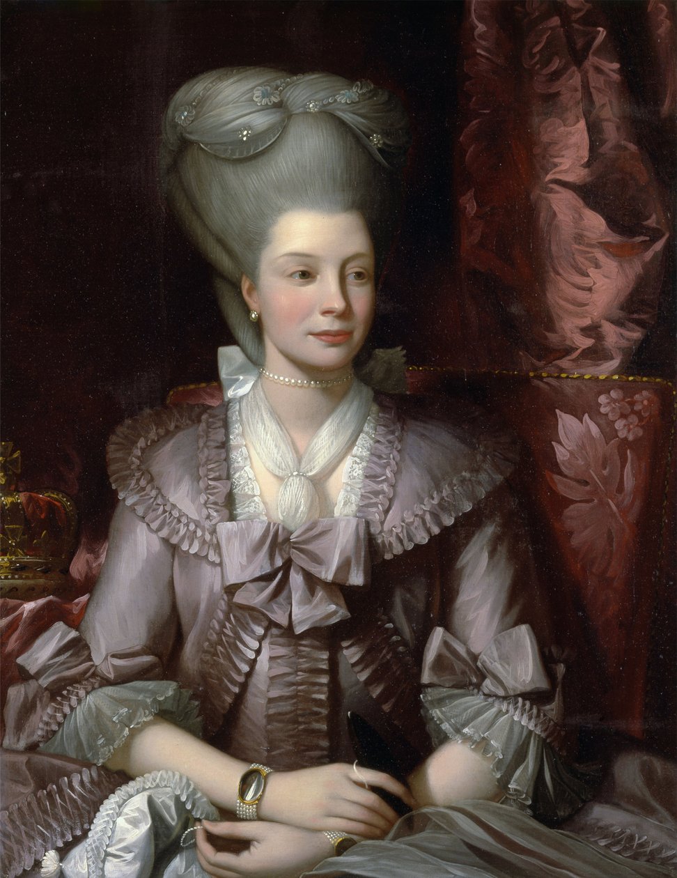 ""Mecklenburg Strelitzin kuningatar Charlotte (Sophia-Charlotte, Sophia Charlotte) (1744-1818), Englannin Yrjö III:n vaimo" - pianoinut West, Benjamin (1738-1820) Yhdistyneen kuningaskunnan kuningatar Charlotte (1744 -1818) ) Öljy kankaalle 1777 Yale Unive tekijältä Benjamin West