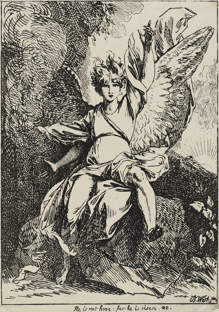 Ylösnousemuksen enkeli, 1801 (kynälitografia kudospaperille kiinnitettynä alkuperäiselle kudottulle tukilevylle harmaanruskealla akvatintalla) tekijältä Benjamin West