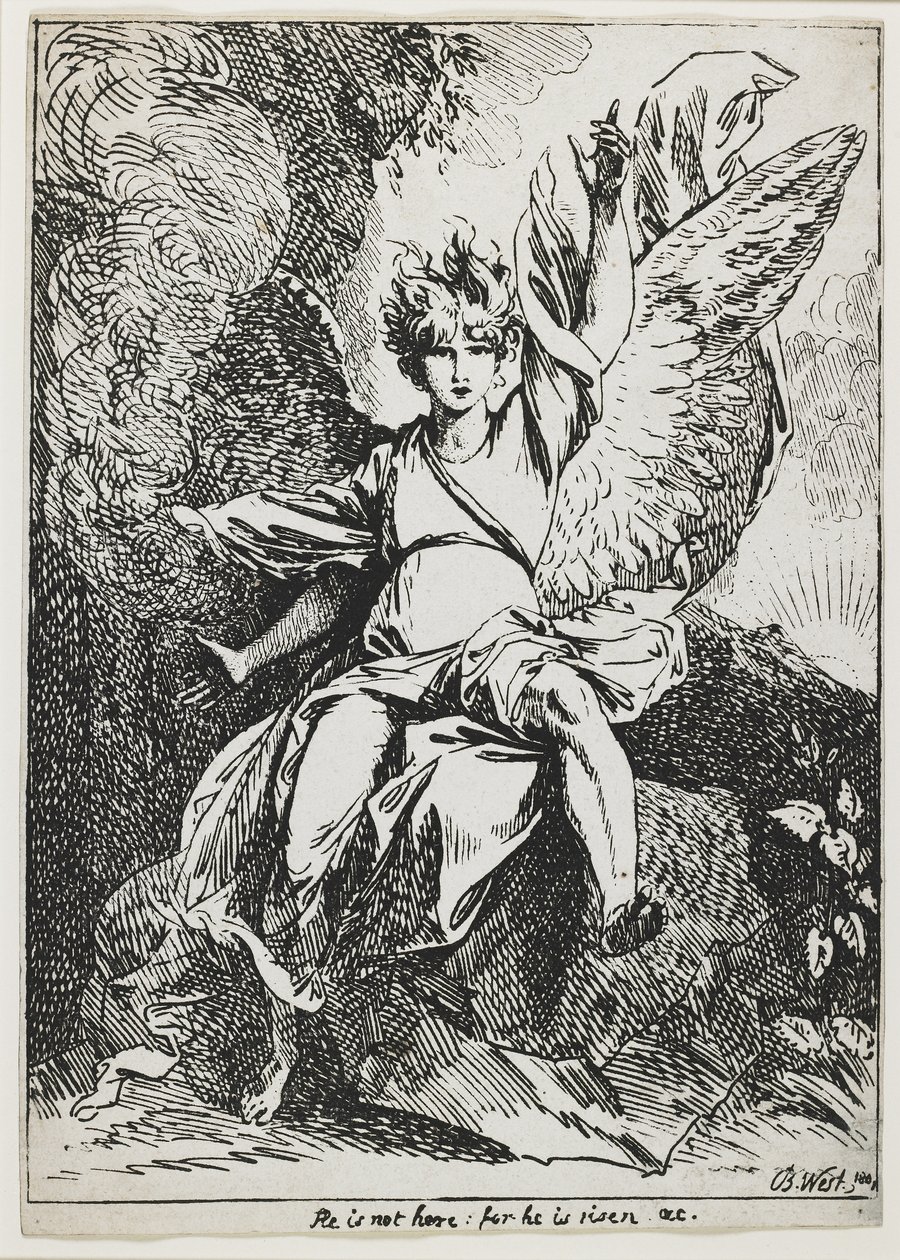 Ylösnousemuksen enkeli, teoksesta "Specimenes of Polyautography" tekijältä Benjamin West