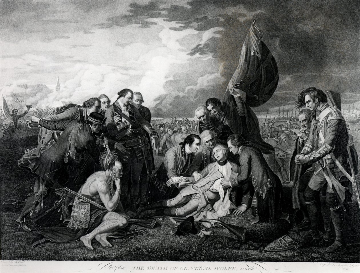 Kenraali Wolfen kuolema (1727-59) 1759, kaiverrus Augustin Legrand (kaiverrus) (bundw-kuva) (katso myös 105409, 124902 ja 153197) tekijältä Benjamin West