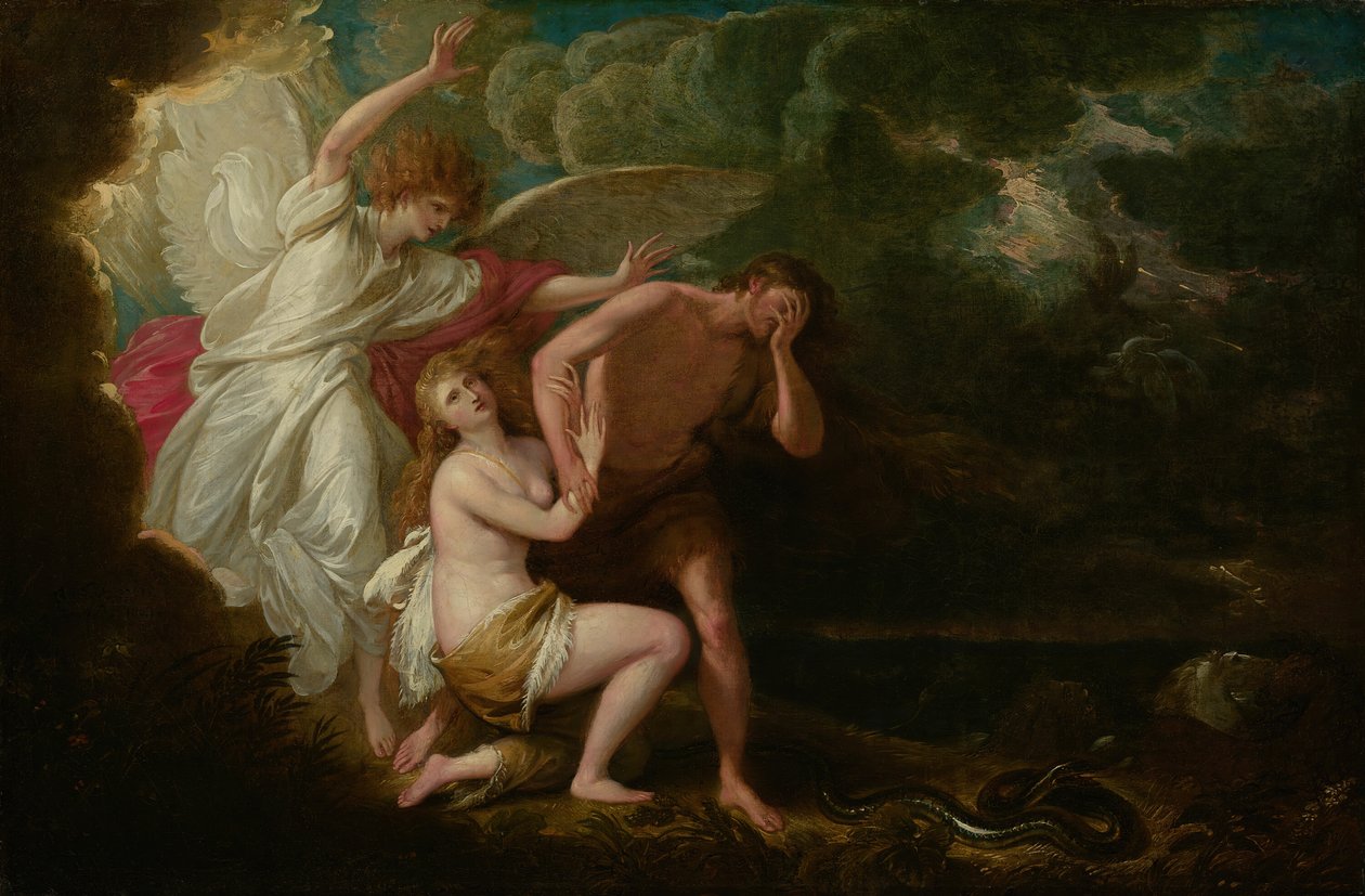 Aadamin ja Eevan karkottaminen paratiisista, 1791, retusoitu 1803. tekijältä Benjamin West