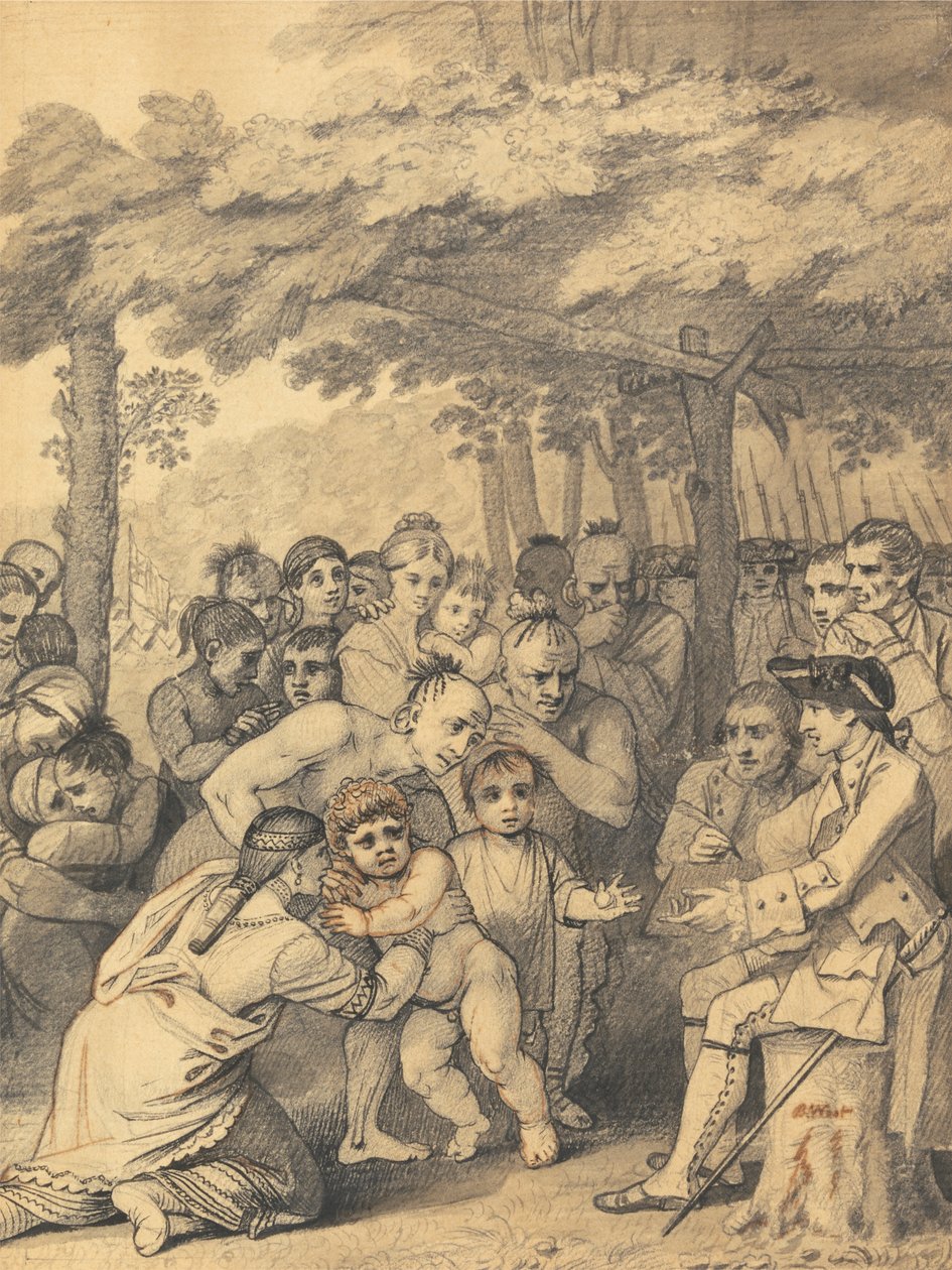 Intiaanit toimittavat englantilaisia vankeja eversti Bouquetille lähellä hänen leiriään Muskingumin asukkailla Pohjois-Amerikassa marraskuussa 1764, 1765 tekijältä Benjamin West