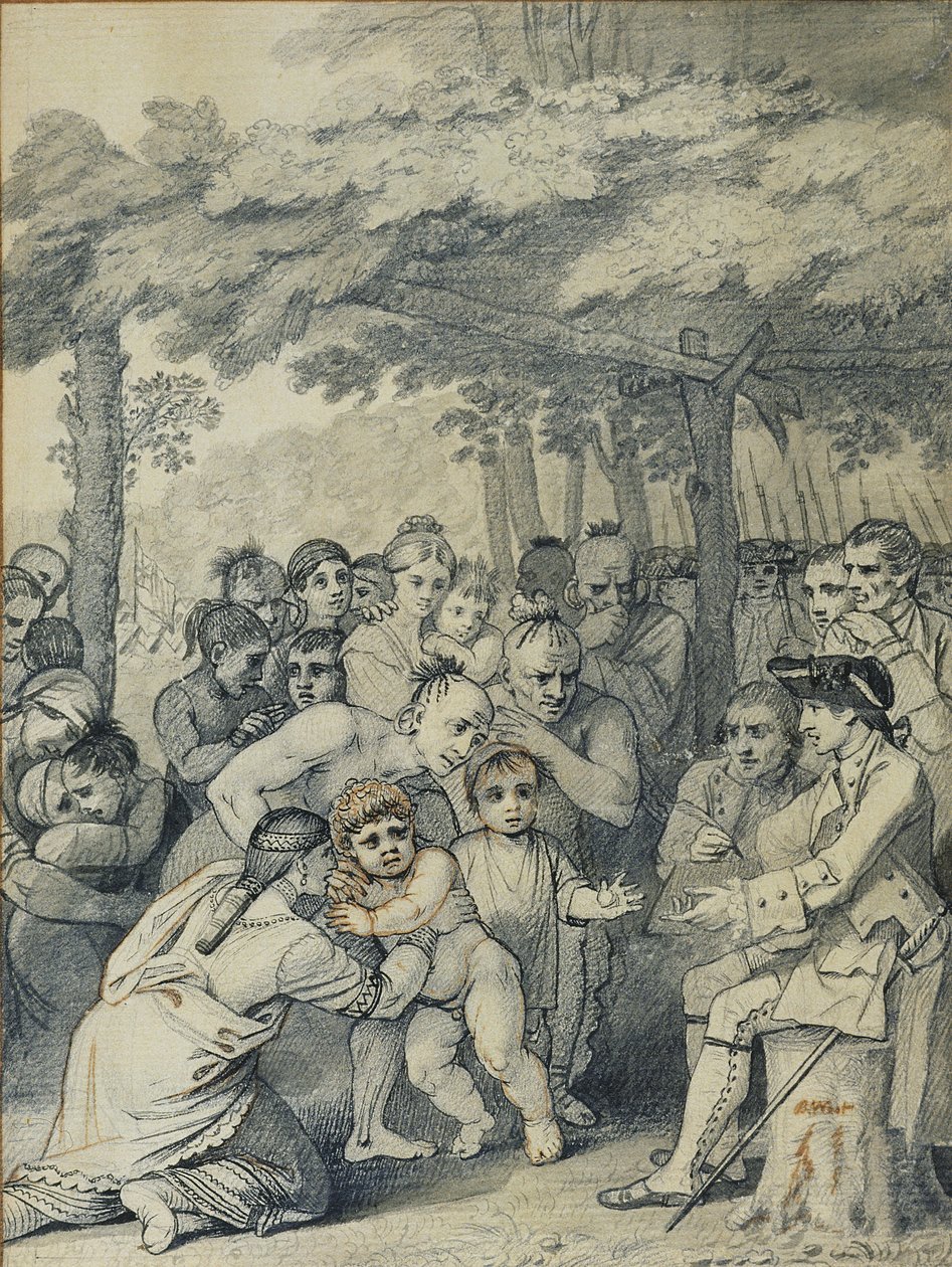 Intiaanit toimittavat englantilaisia vankeja eversti Bouquetille lähellä hänen leiriään Muskingumissa, Pohjois-Amerikassa marraskuussa 1764, noin 1769 (muste ja pesu paperille) tekijältä Benjamin West