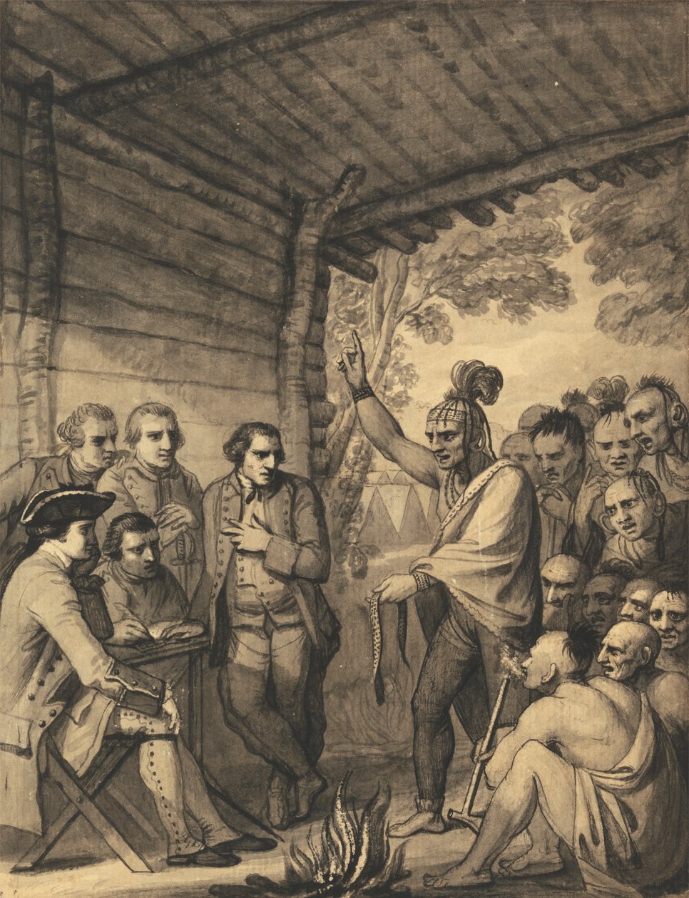 Intiaanit puhuvat eversti Bouquetille konferenssissa neuvoston tulipalossa lähellä hänen leiriään Muskingumin rannoilla Amerikassa, lokakuussa 1764, 1765 tekijältä Benjamin West