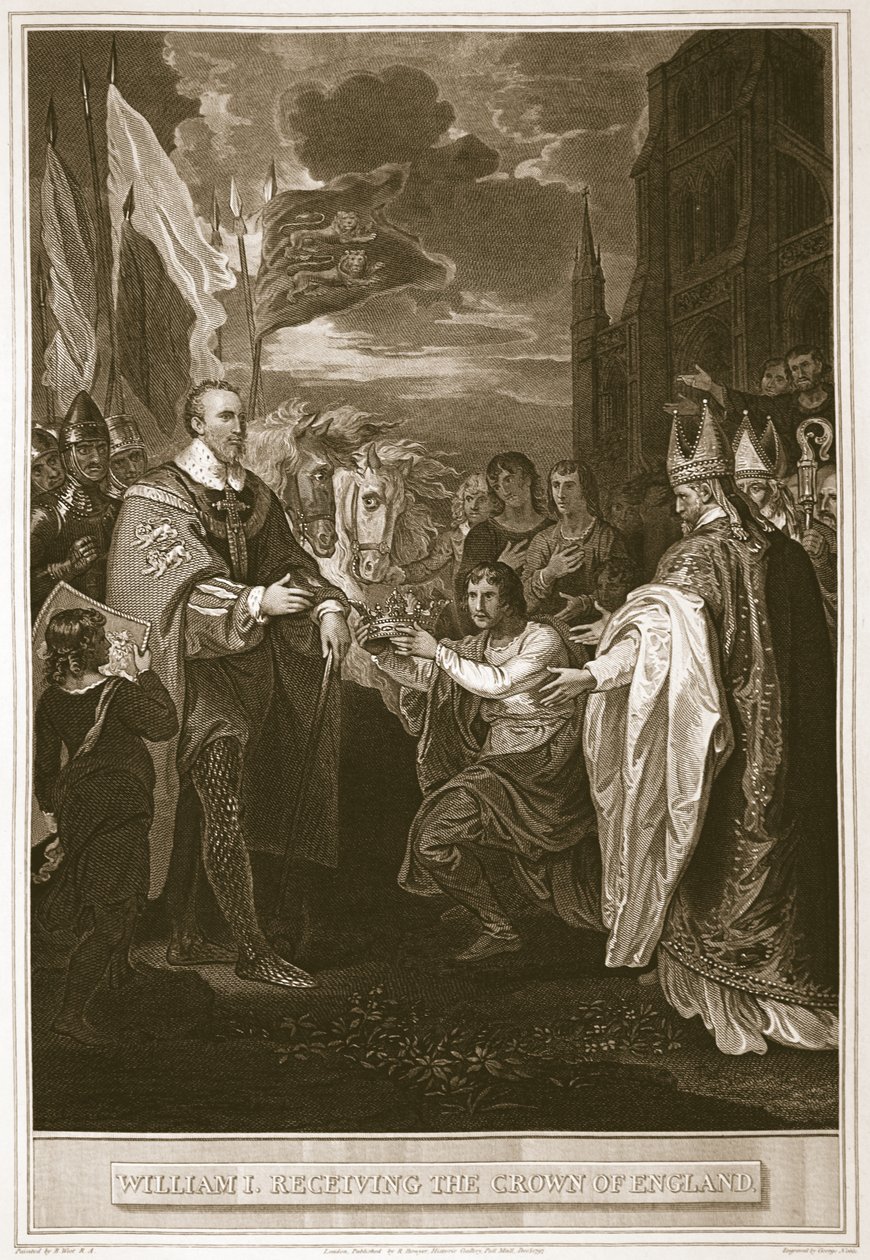 William I vastaanottaa Englannin kruunun, kaiverrettu George Noblen toimesta, kuvitus David Humen teoksesta "The History of England", julkaisija R. Bowyer, Lontoo, 1812. tekijältä Benjamin West