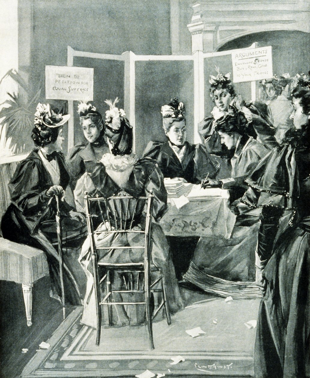 "Allekirjoita vetoomus tasa-arvoisesta äänioikeudesta" -pubi. 1894 (litho) tekijältä Benjamin West Clinedinst