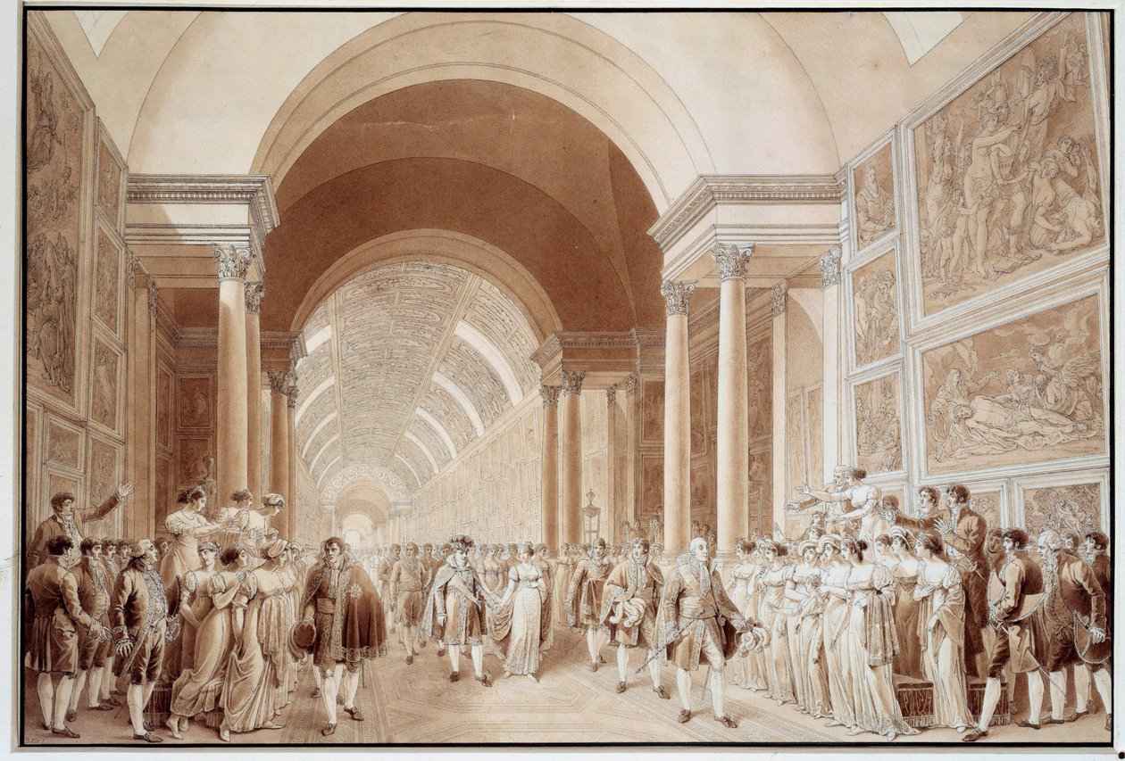 Näkymä Napoleon I:n (1769-1821) morsiuskorteegista Habsburg-Lorrainen arkkiherttuatar Marie Louisen (1791-1847) kanssa, 4.2.1810 Benjamin Zixin (1772-1811) Grande Galerie du Louvre -grafiikassa. 0,4x0,6 m Pariisi, Louvre-museo tekijältä Benjamin Zix