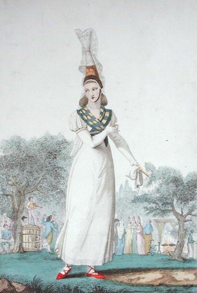 Cauchoise perinteisessä juhlapuvussa, kaiverrus Gatine n. 1830 (väri litho) tekijältä Benoit (after) Pecheux