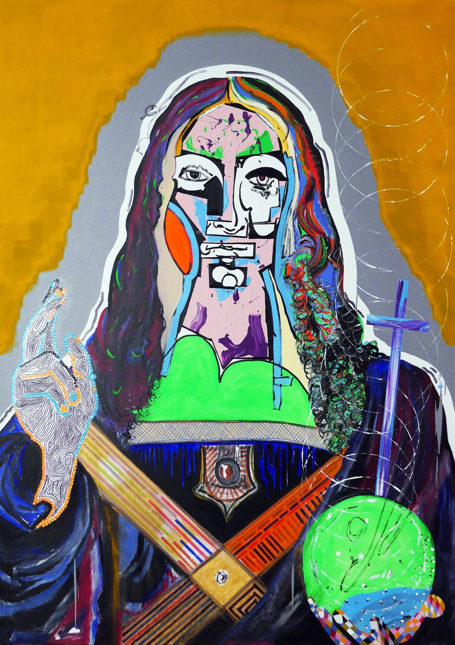 Surpeinture : Salvator Mundi, 2020 (öljy, paperi ja akryyli kankaalle) tekijältä Benoit Erwann Boucherot