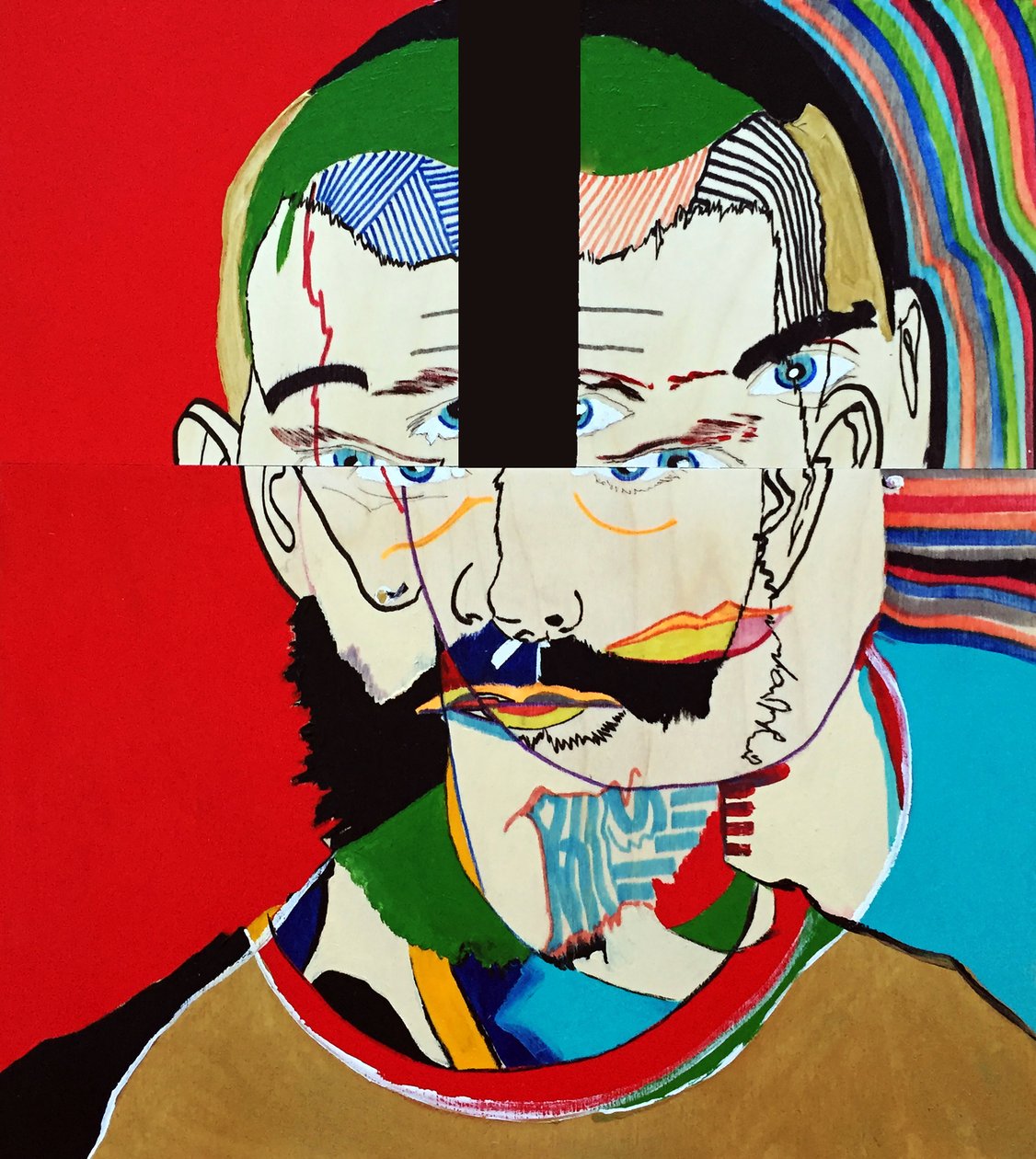 Surportrait : Mathieu Leroux, 2021 (öljyä ja akryyliä kolmelle vierekkäiselle puupaneelille). tekijältä Benoit Erwann Boucherot