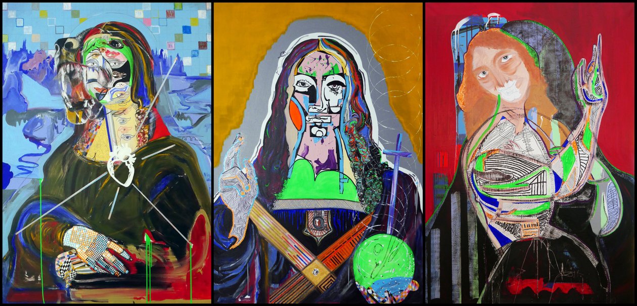 Triptyykki Leonardo da Vincin mukaan, 2019 (öljyä, paperia ja akryyliä kolmelle vierekkäiselle kankaalle). tekijältä Benoit Erwann Boucherot